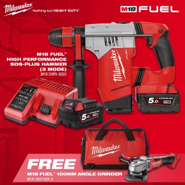 Milwaukee M18 Fuel High Performance SDS-Plus Hammer (3 Mode) M18 CHPX-502C + 100mm Angle Grinder M18 CAG100X-0