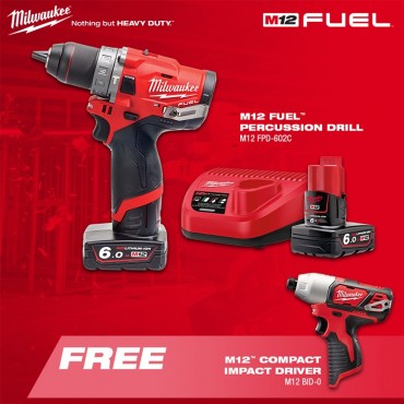 Milwaukee M12 Fuel Percussion Drill M12 FPD-602C + Compact Impact Driver M12 BID-0