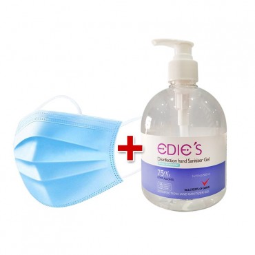 [BUNDLE SET] 3-Ply Surgical Face Mask Earloop 50pcs + Edie's Hand Sanitizer Gel (75% Alcohol) 500ml