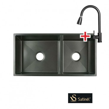 Satinel Stainless Steel Under Mount Double Bowl Sink ELS-1960DNB (L850mm x W450mm x D220mm) + Piller Sink Mixer