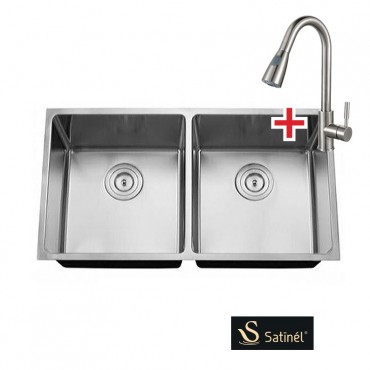 Satinel Stainless Steel Under Mount Double Sink ELS-1880D (L850mm x W450mm x D220mm) + Piller Sink Mixer