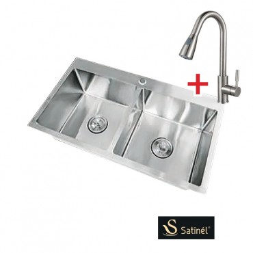 Satinel Stainless Steel Under Mount Double Sink Kitchen Sink ELS-1860D (L800mm x W450mm x D220mm) + Piller Sink Mixer